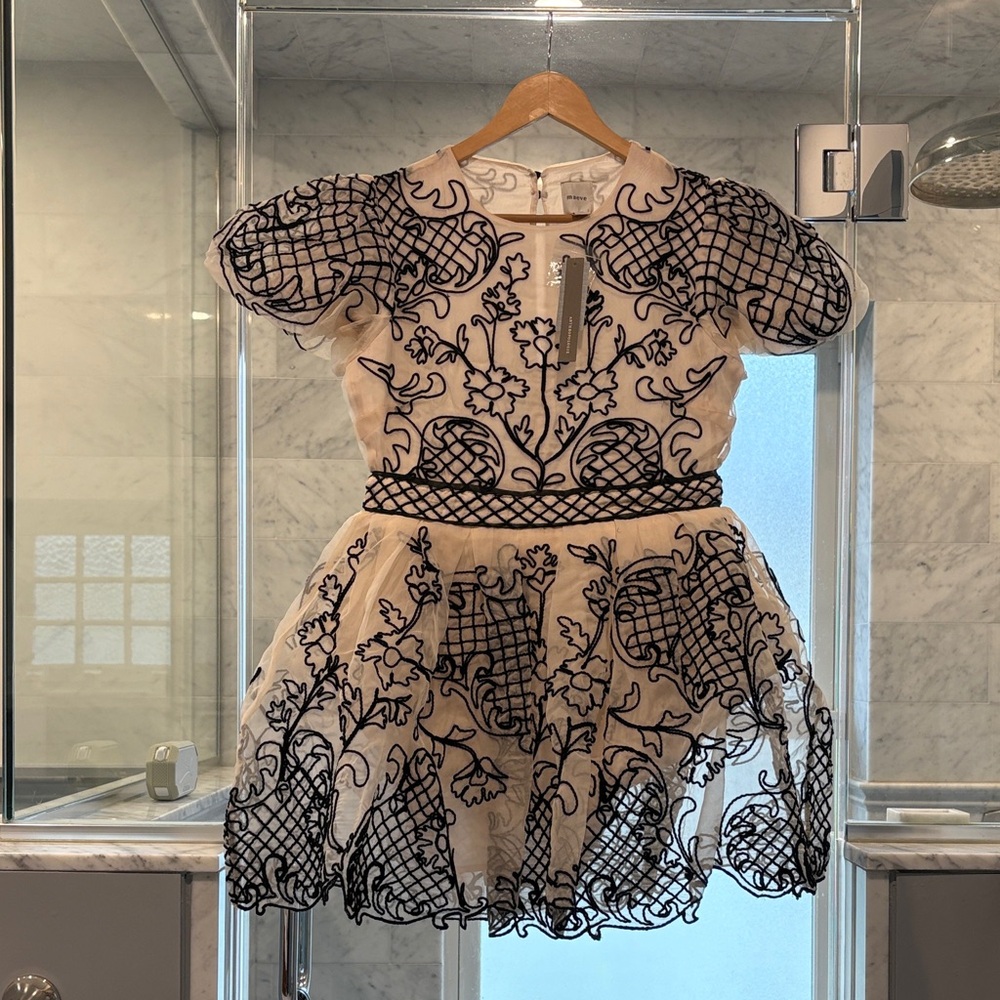 Maeve Beige Tulle Dress with Black Embroidered Detailingl - Size 8